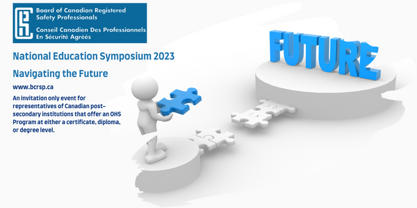 National Education Symposium 2023 with BCRSP Logo and the theme 'Navigating the Future" image of a cartoon person with a puzzle piece fitting it into a gap in a bridge which leads to the word "future"
